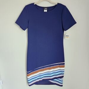 NWT MSK Size S Navy Blue Short Sleeve Dress with Striped Asymmetrical Hem